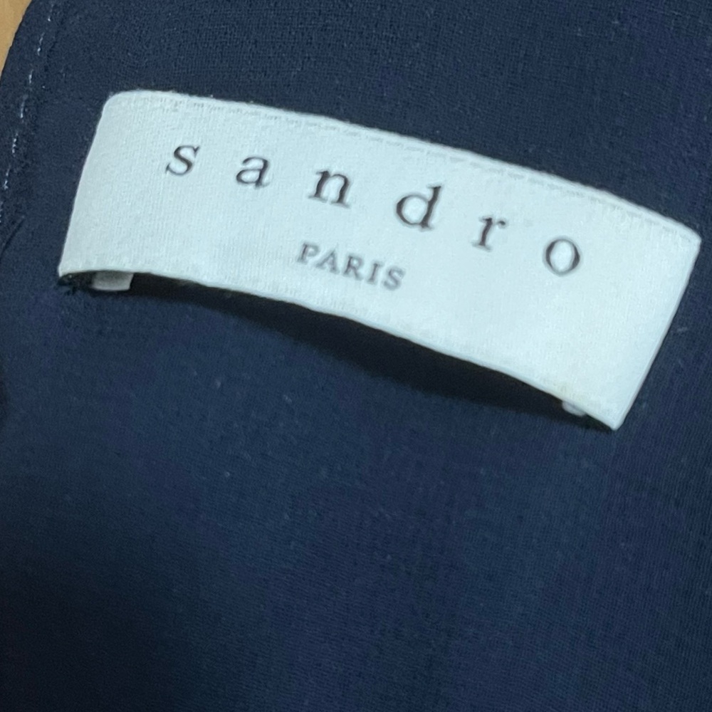 Sandro Paris Navy Pleated Satin Midi Dress Boat Neck V-Back EU 40 - Picture 3 of 13